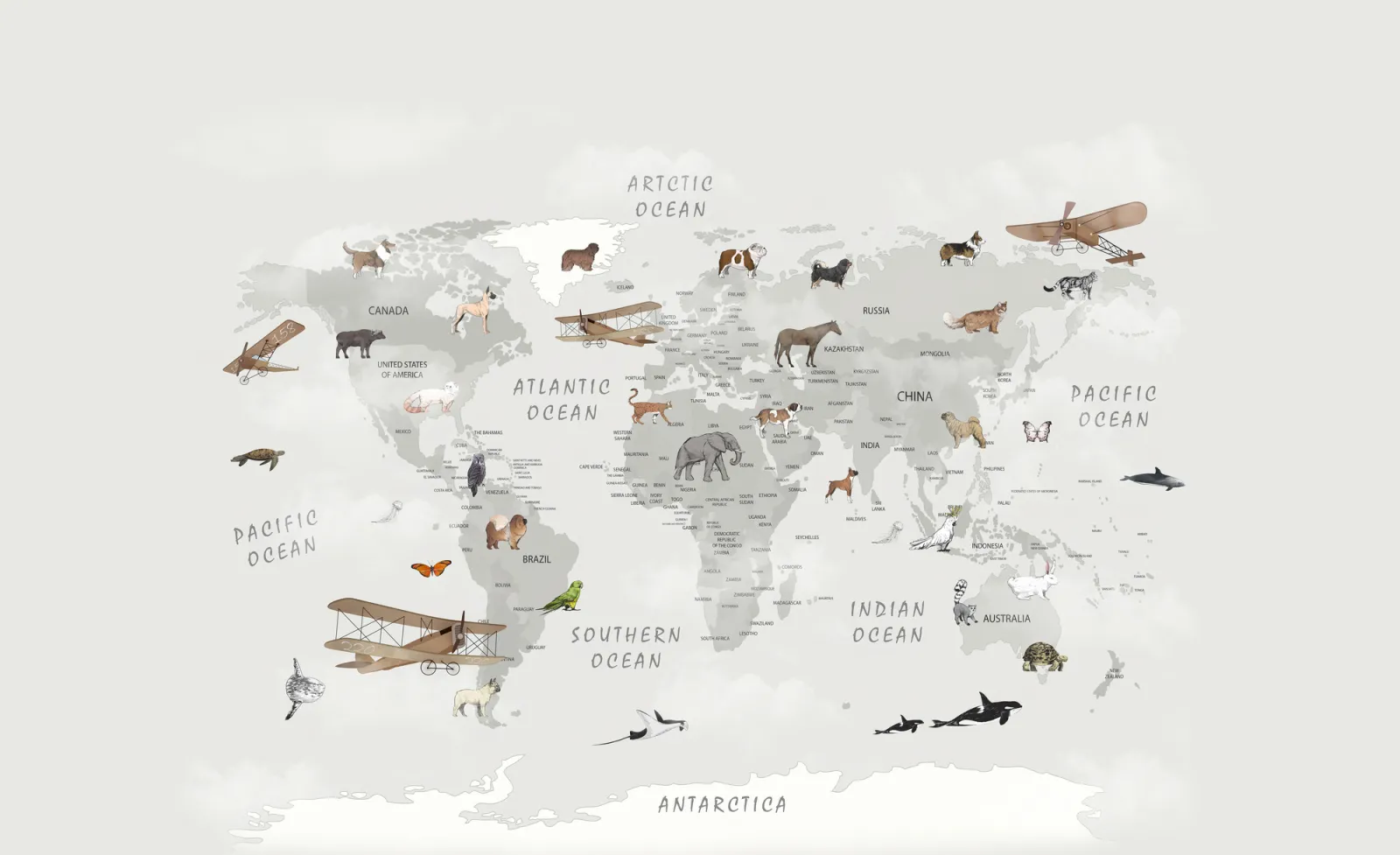 Fototapeta Mapa świata ze zwierzętami — powiększenie wzoru
