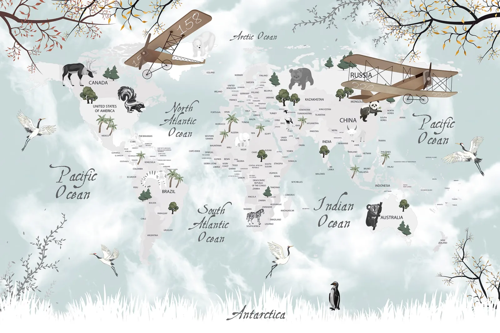 Fototapeta Mapa świata ze zwierzętami — powiększenie wzoru