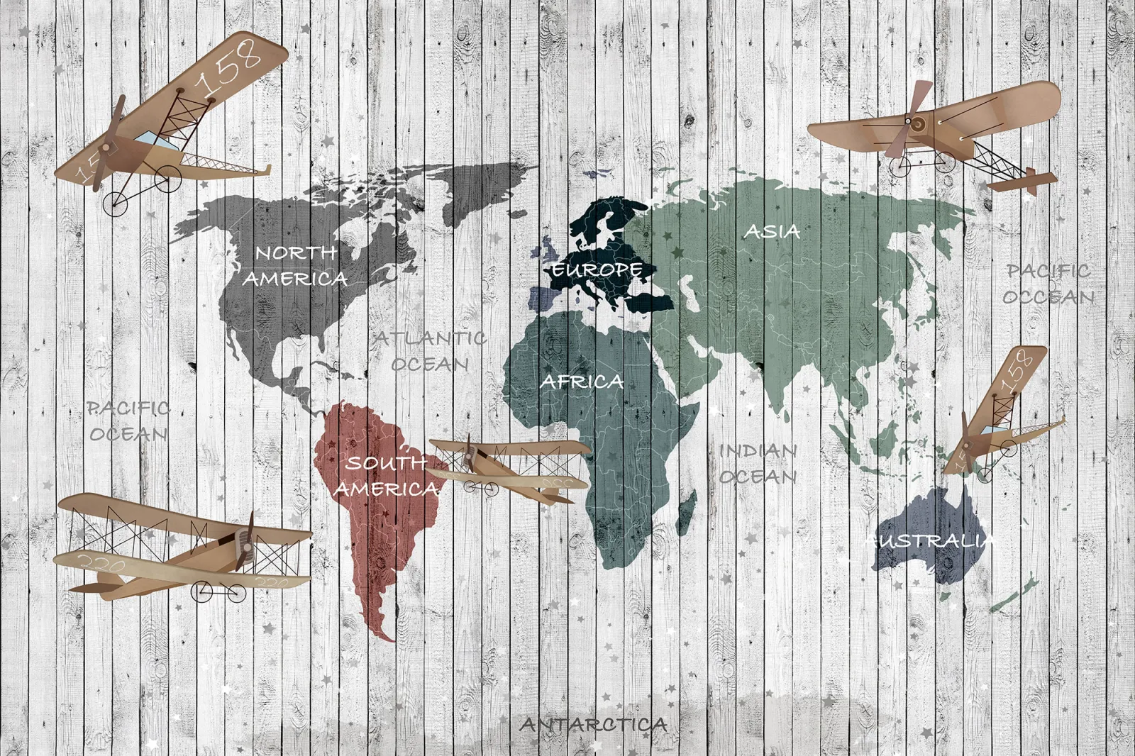 Fototapeta Mapa świata z samolotami — powiększenie wzoru