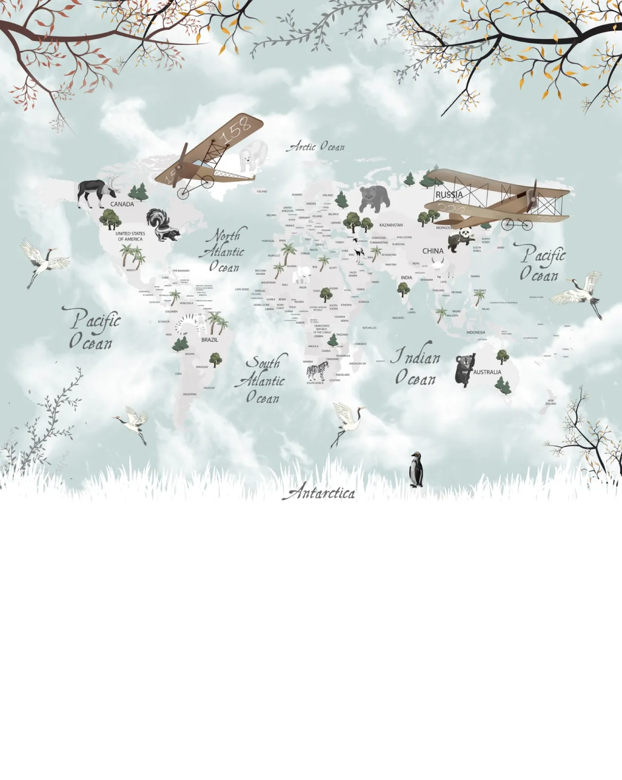 Fototapeta Mapa świata ze zwierzętami — powiększenie wzoru