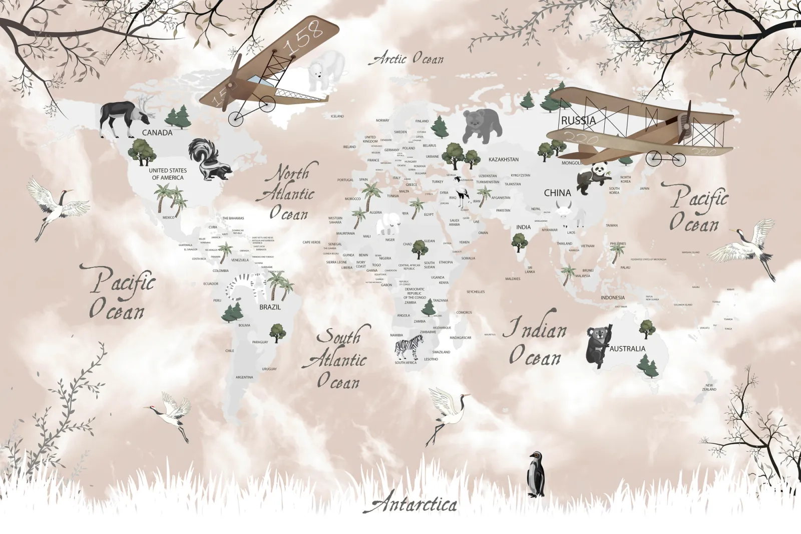 Fototapeta Mapa Świata ze zwierzętami — powiększenie wzoru