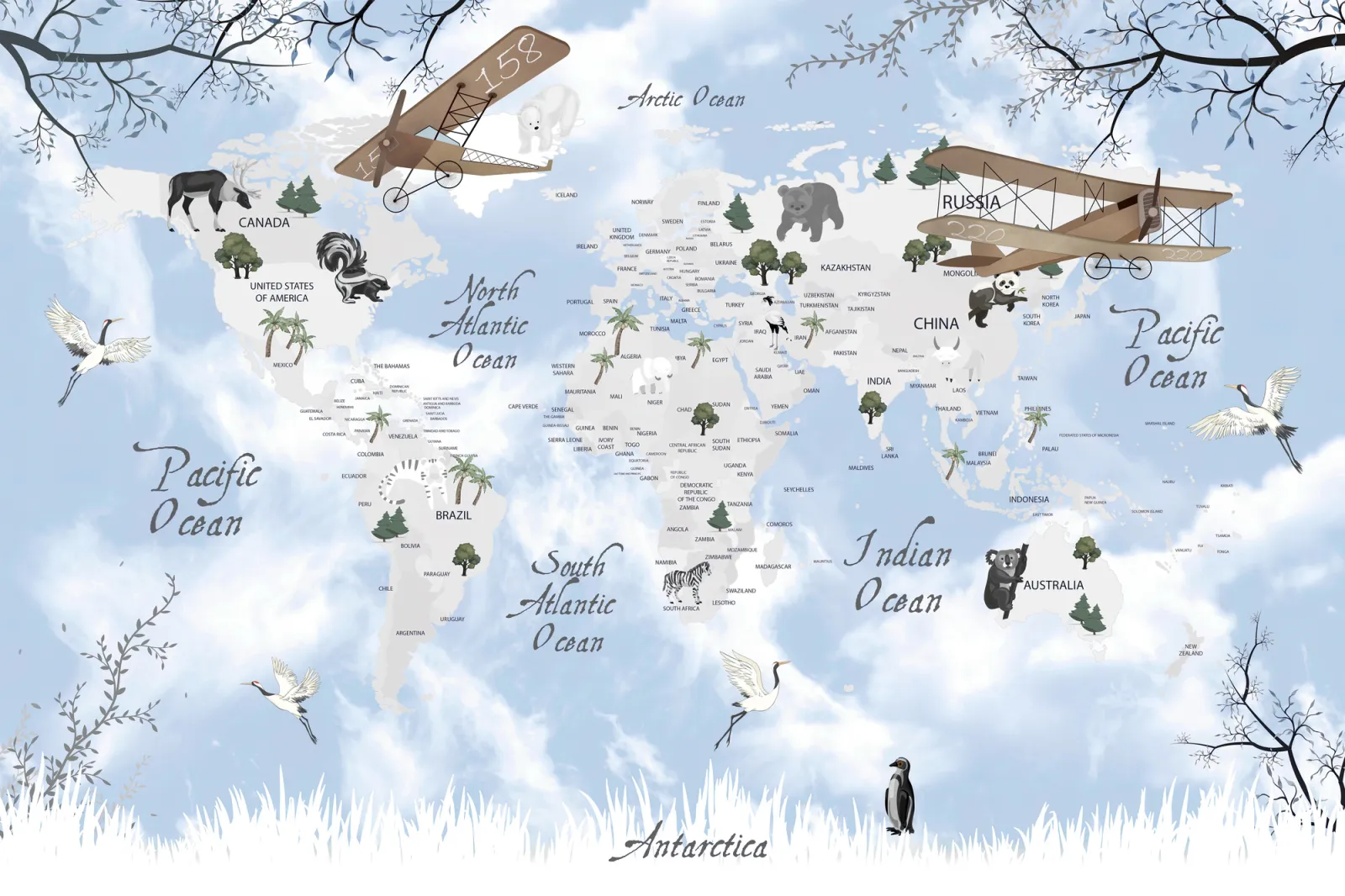 Fototapeta Mapa Świata ze zwierzętami — powiększenie wzoru