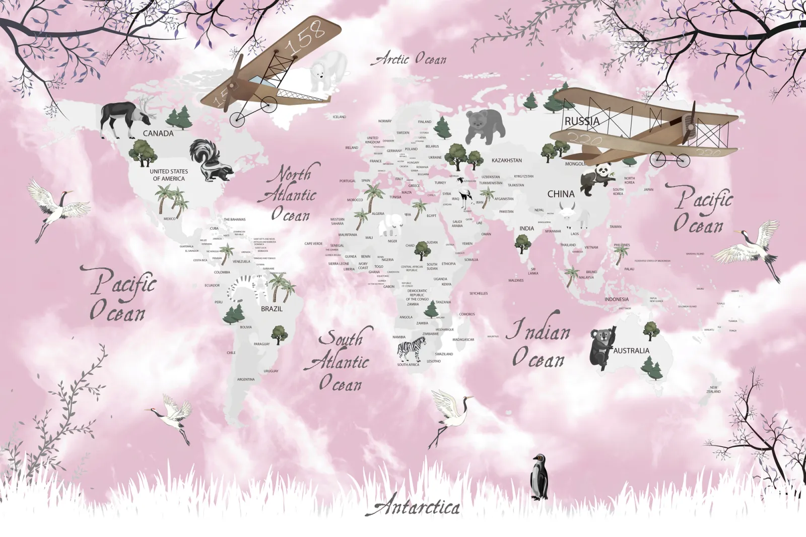 Fototapeta Mapa Świata ze zwierzętami — powiększenie wzoru
