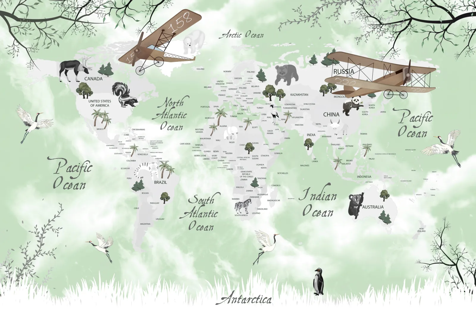 Fototapeta Mapa Świata ze zwierzętami — powiększenie wzoru