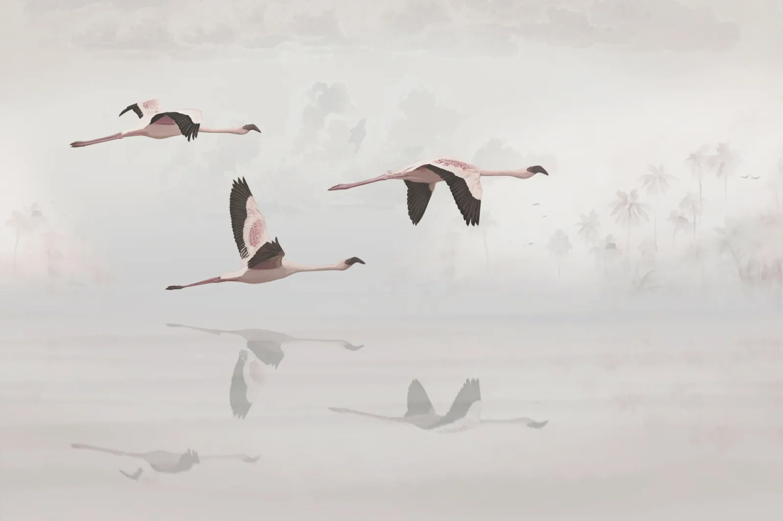 Fototapeta Flamingi lecące nad jeziorem — powiększenie wzoru
