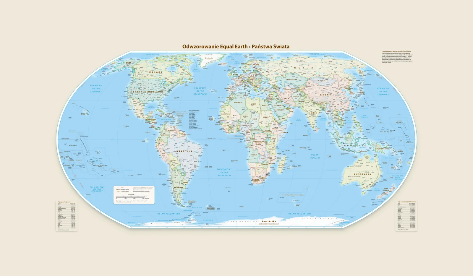 Fototapeta Mapa świata z polskimi napisami. Equal Earth — powiększenie wzoru