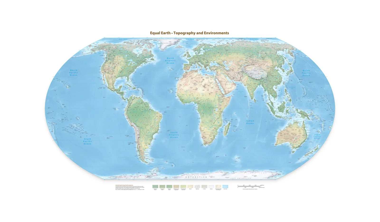 Fototapeta Mapa fizyczna świata. Equal Earth — powiększenie wzoru