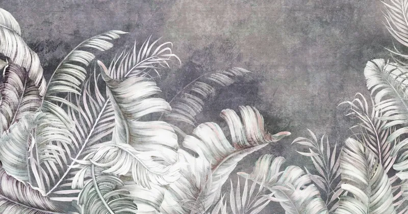 Fototapeta Pastelowe liście palm na fioletowoszarej ścianie