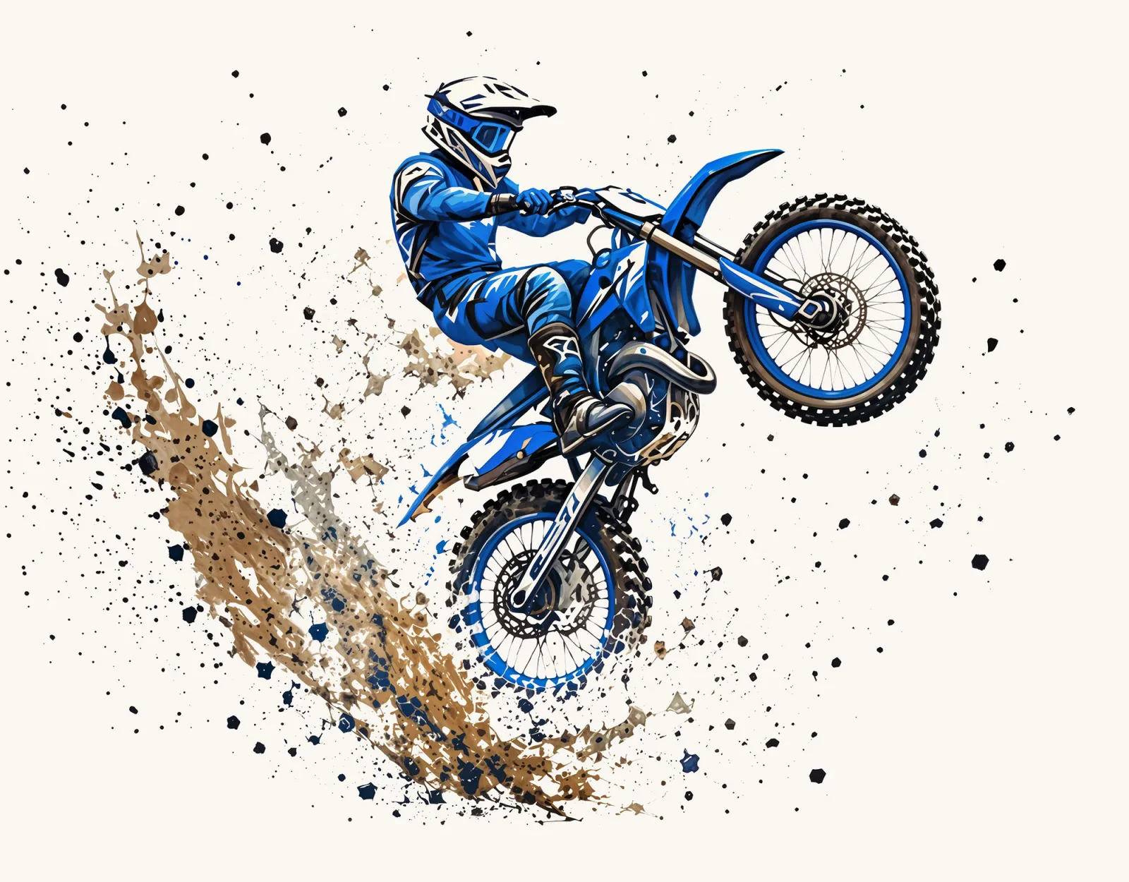 Fototapeta Niebieski motocykl crossowy w skoku nad błotem — powiększenie wzoru