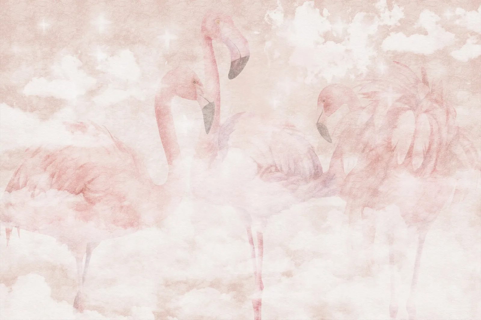 Fototapeta Flamingi wśród chmur w pudrowym różu — powiększenie wzoru