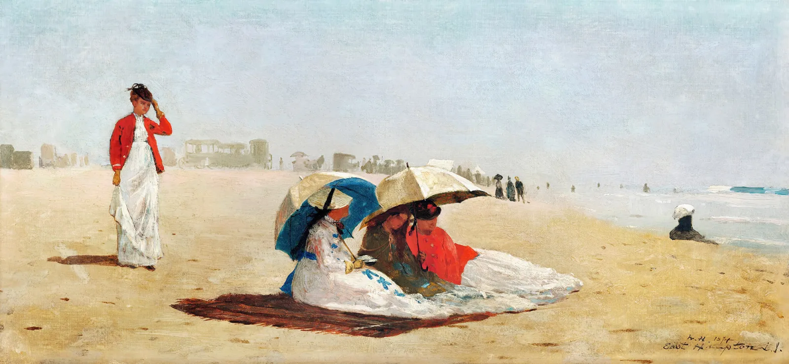 Fototapeta Dawna plaża z damami pod parasolkami — powiększenie wzoru