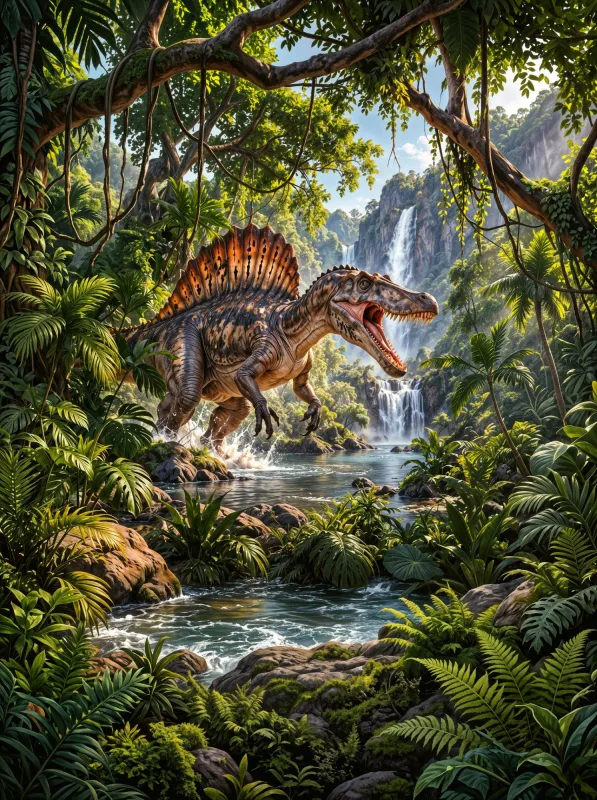 Fototapeta Dinozaur w tropikalnej dżungli z wodospadem