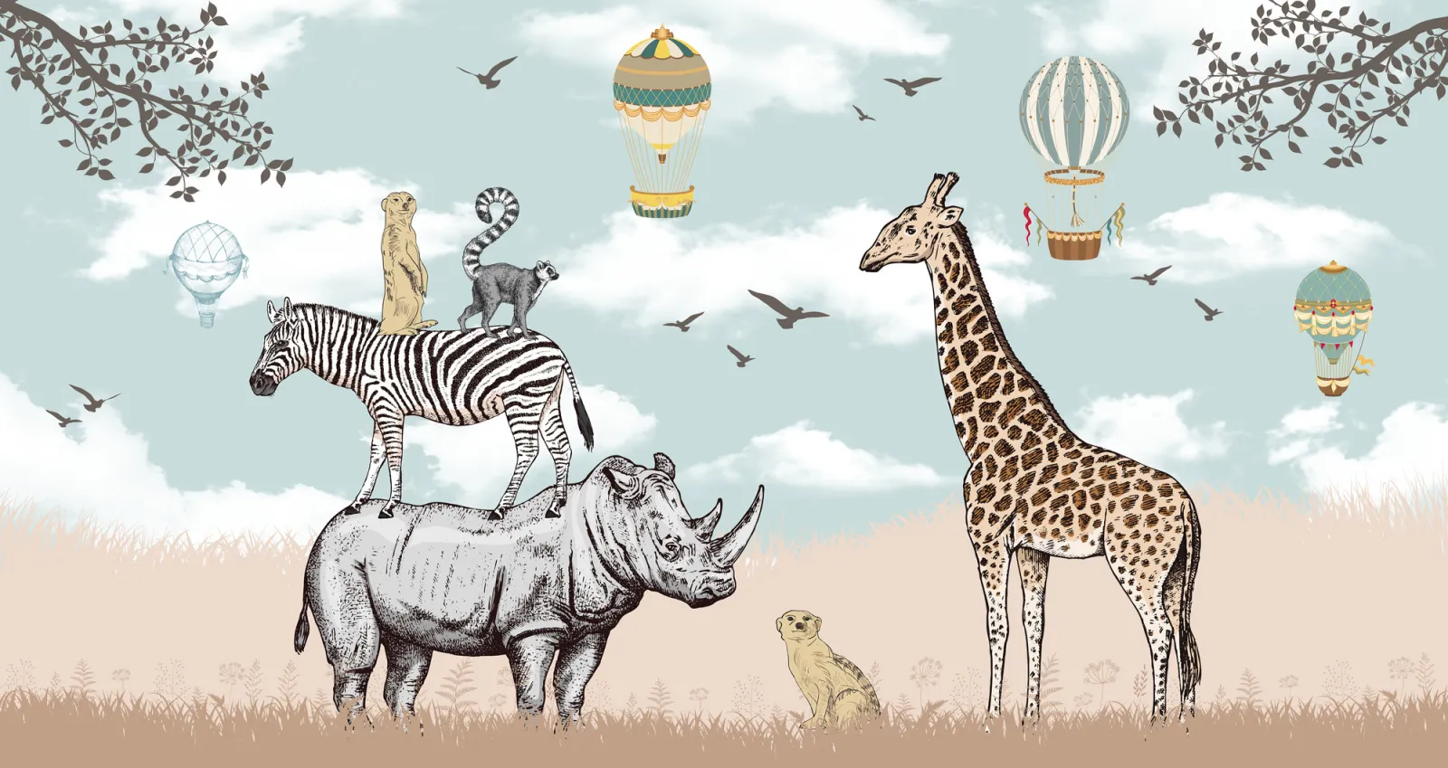 Fototapeta Zwierzęta safari i balony — powiększenie wzoru