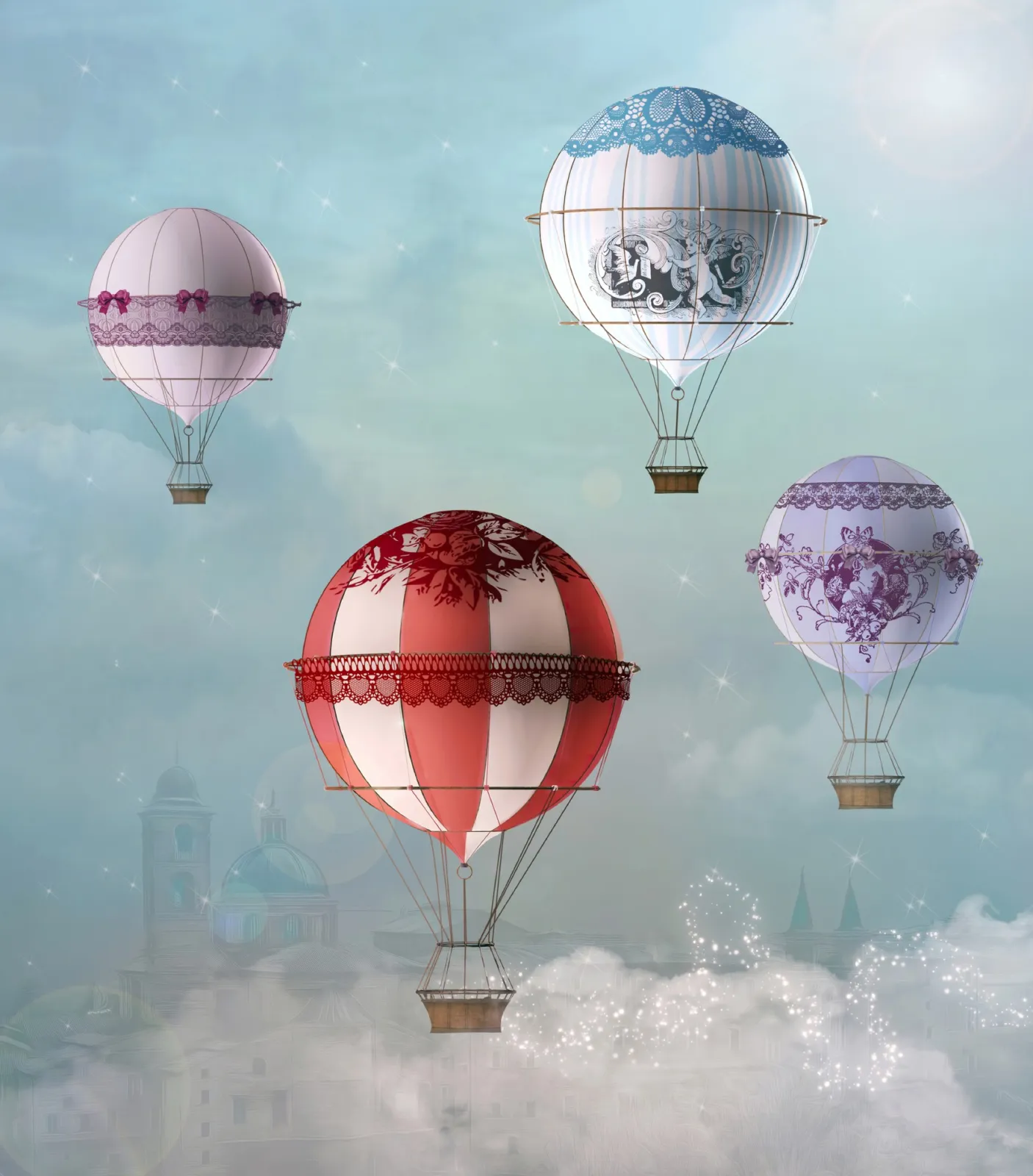 Fototapeta Kolorowe balony unoszące się nad miastem — powiększenie wzoru