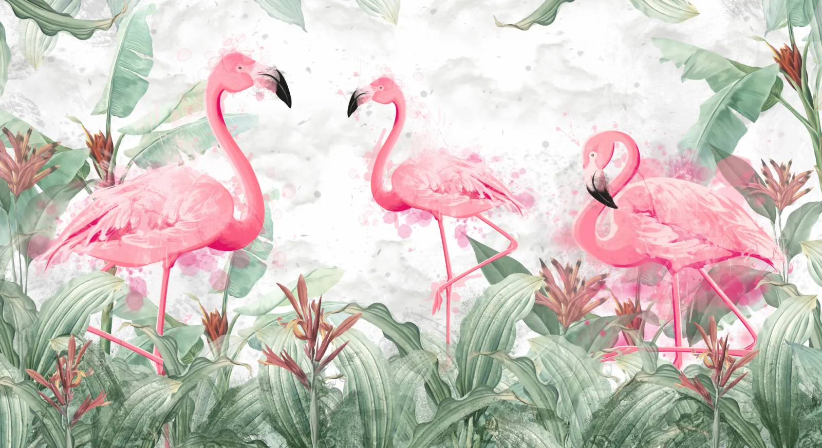 Fototapeta Flamingi w tropikalnych liściach — powiększenie wzoru