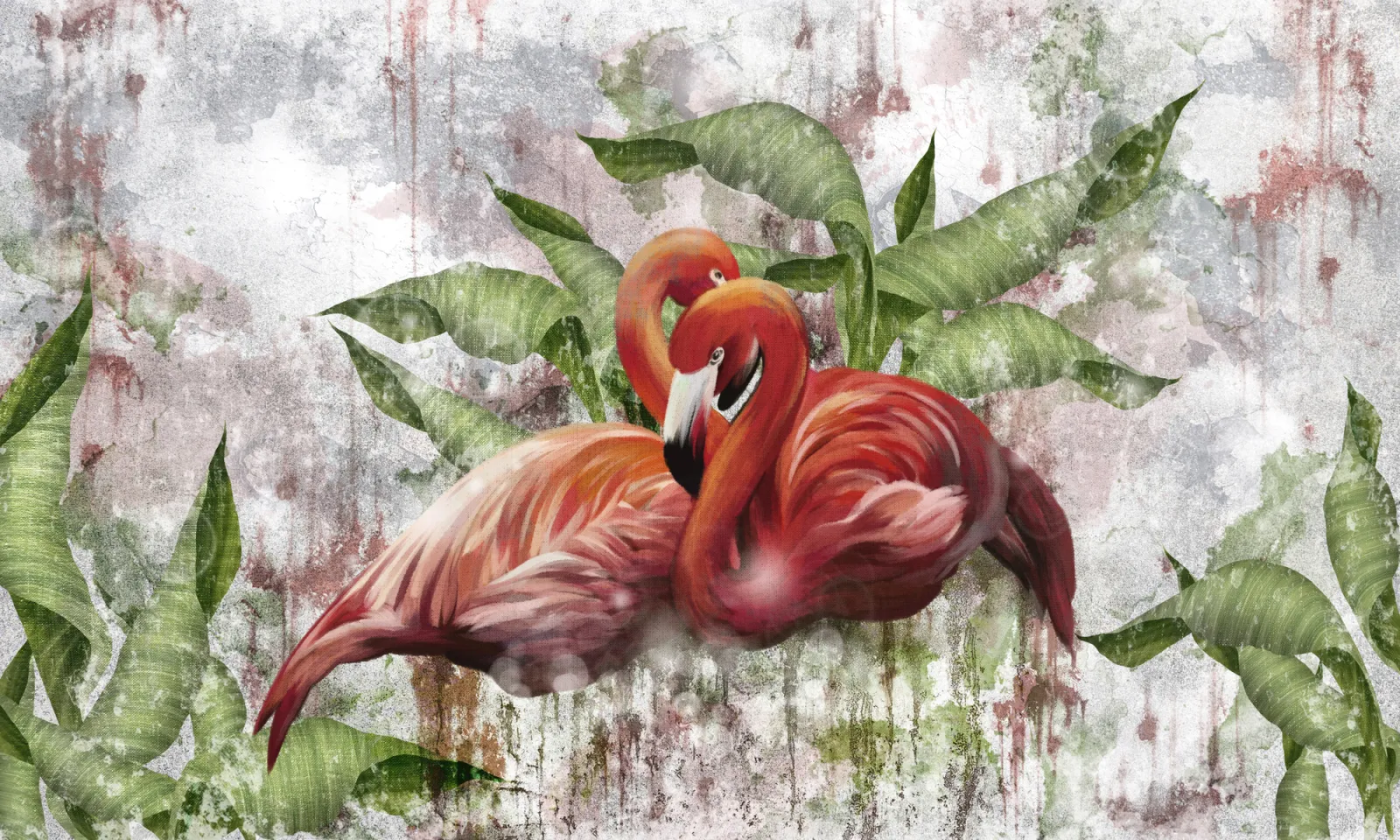 Fototapeta Flamingi na teksturowanym tle w liście — powiększenie wzoru