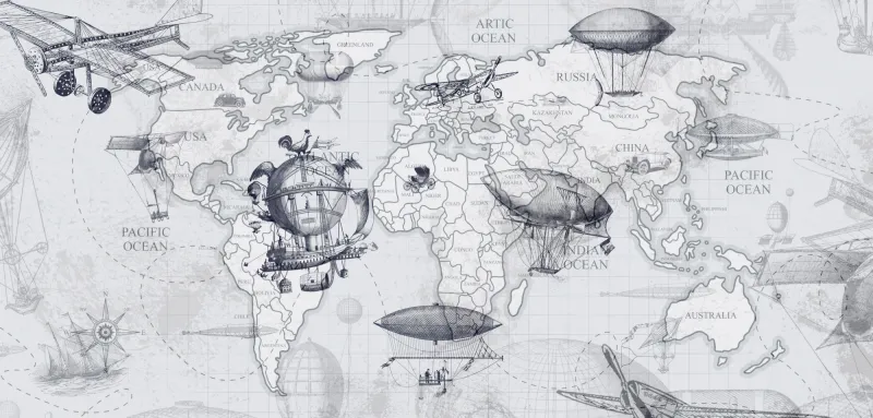 Fototapeta Mapa świata z zabytkowymi środkami transportu