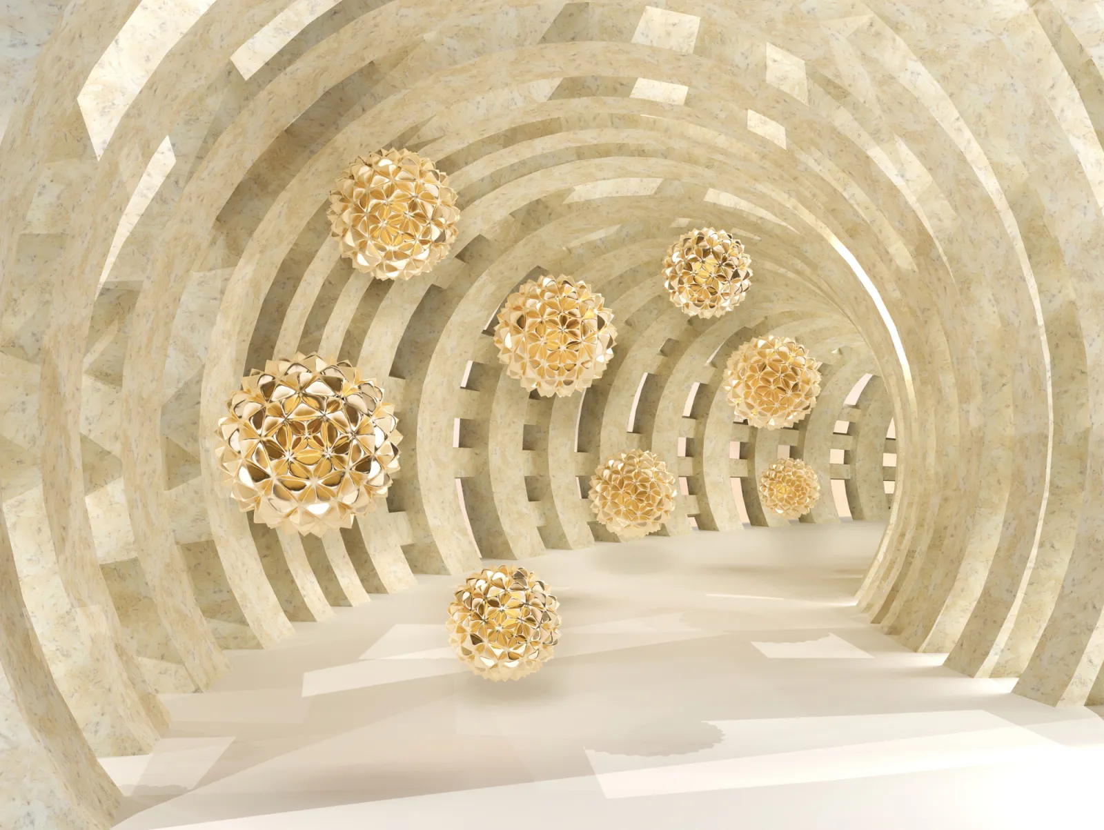 Fototapeta Tunel z latającymi kulami 3D w kolorze złota — powiększenie wzoru