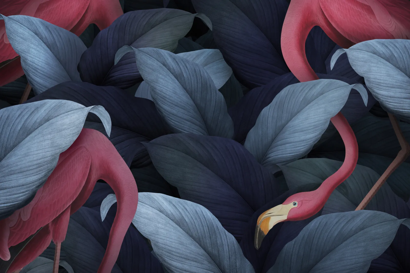 Fototapeta Flamingi i granatowe liście — powiększenie wzoru