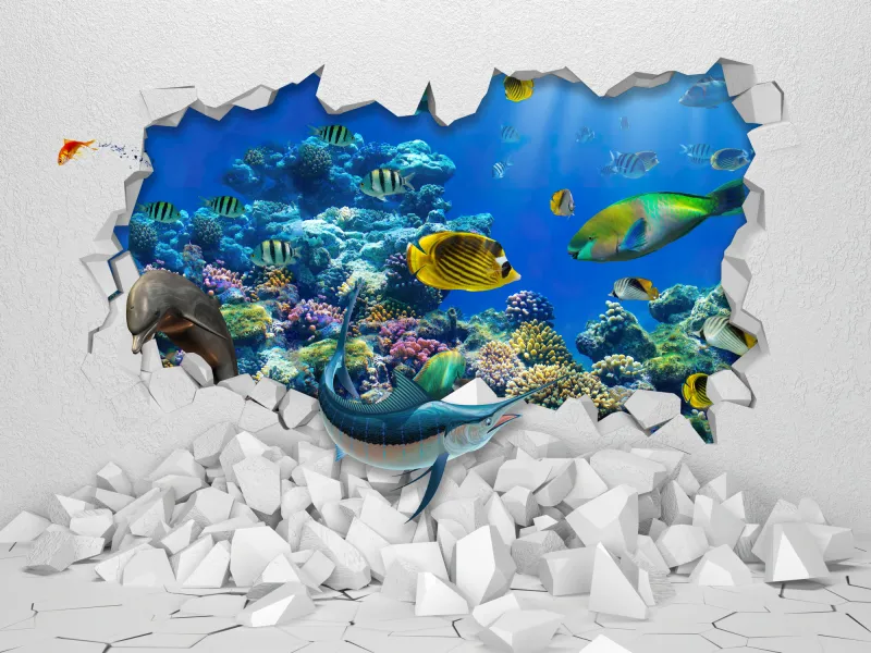 Fototapeta Dziura w ścianie z akwarium 3D