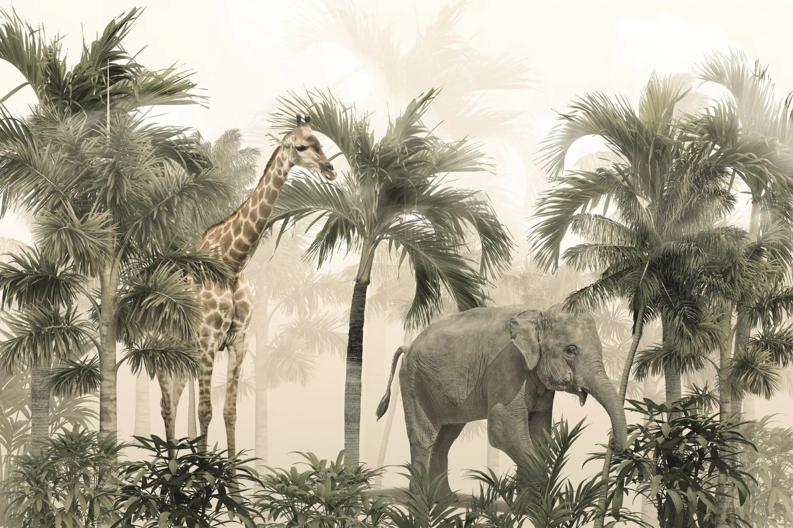 Fototapeta żyrafa i słoń wśród palm — powiększenie wzoru